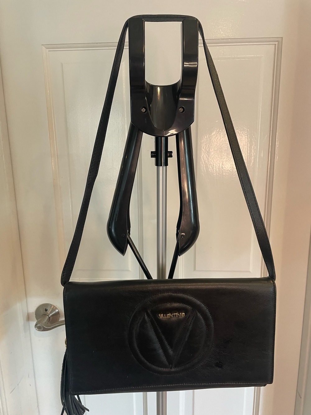Mario Valentino Black Leather Crossbody (clutch) with Embossed V and Tassel